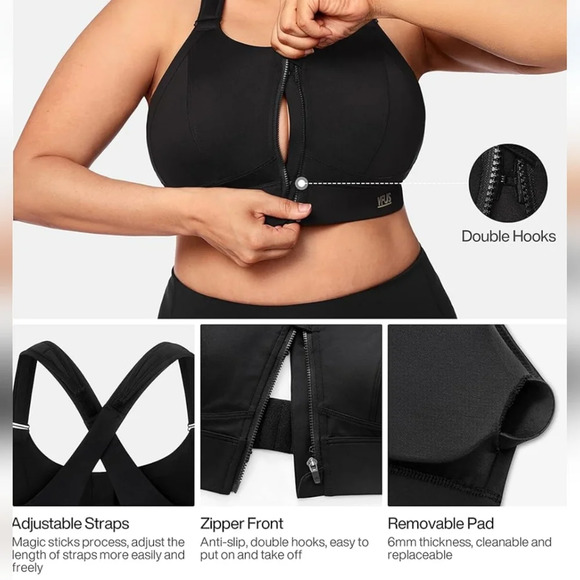 Adjustable High Impact Sports Bra with Zipper - Black - Picture 2 of 8